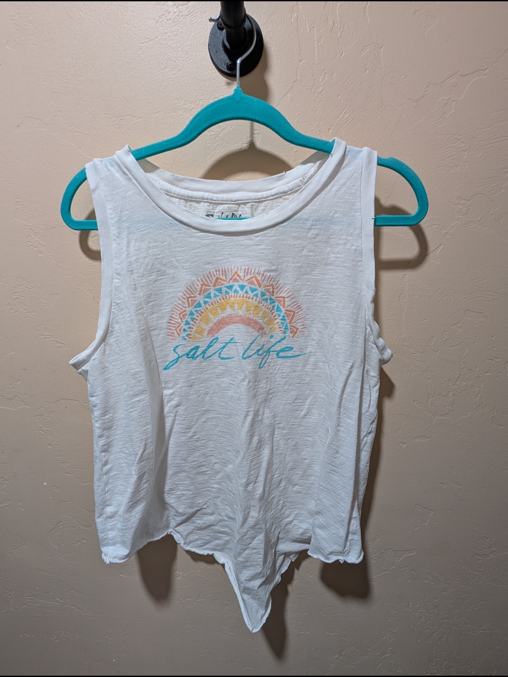 Salt Life Women’s White Tank Top with Pastel Sunrise Boho Graphic Large